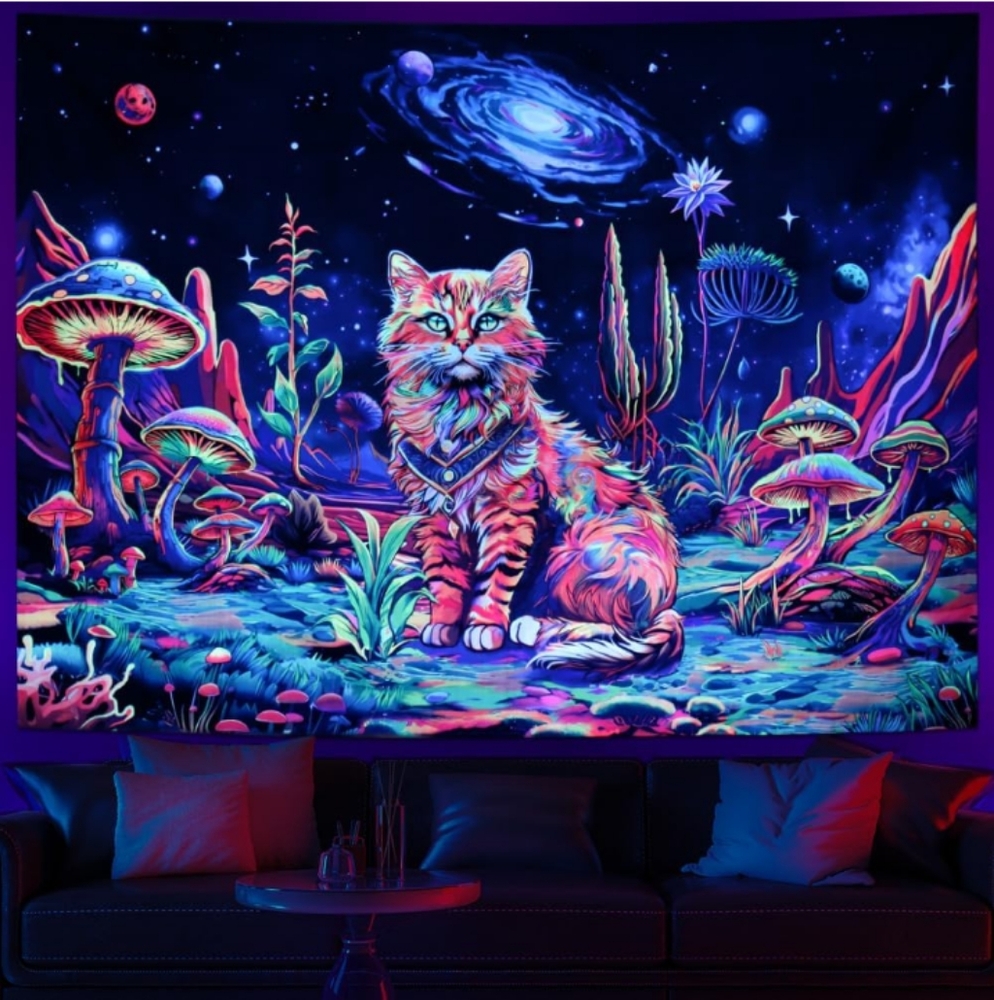 XL Psychedelic Space Kitty Shrooms Galaxy Blacklight Wall Tapestry Cat Lady Gift